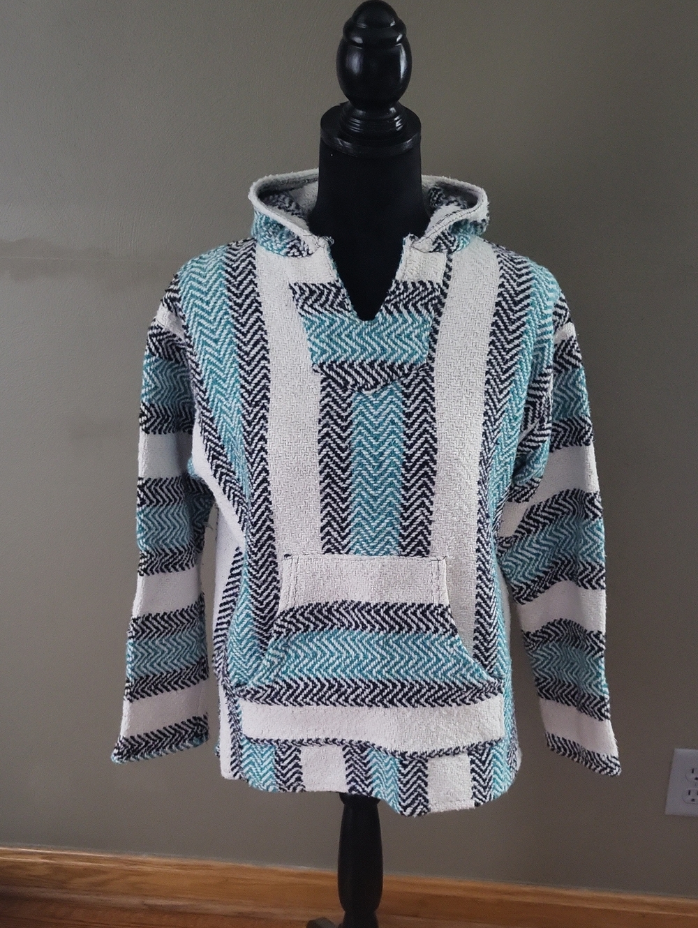 Women's Striped Baja Hoodie - White & Teal Size Small